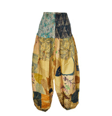 Patchwork Cotton Shirred Waist Harem Trousers