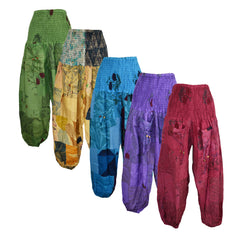 Patchwork Cotton Shirred Waist Harem Trousers