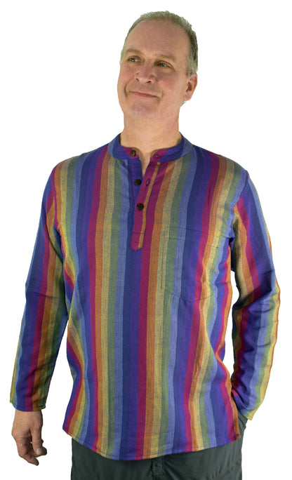 Rainbow Striped Cotton Collarless Shirt