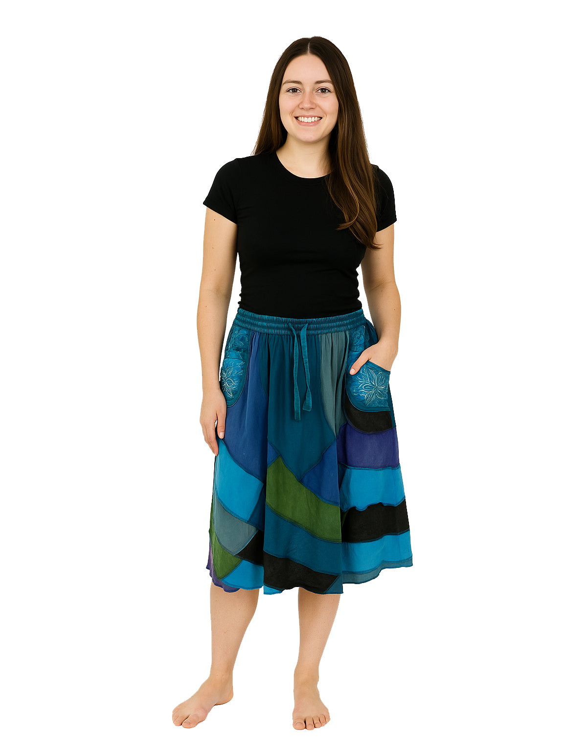Patchwork Cotton Knee Length Skirt