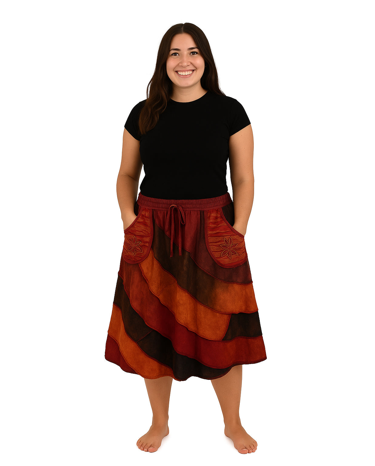 Patchwork Cotton Knee Length Skirt