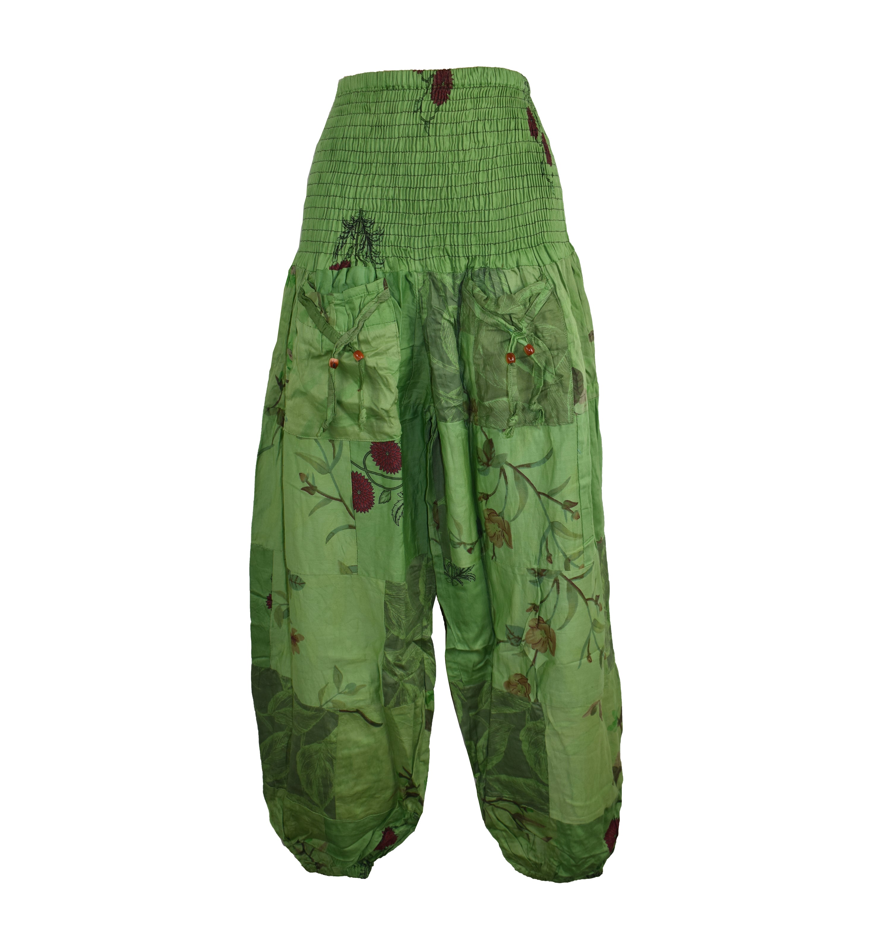 Patchwork Cotton Shirred Waist Harem Trousers
